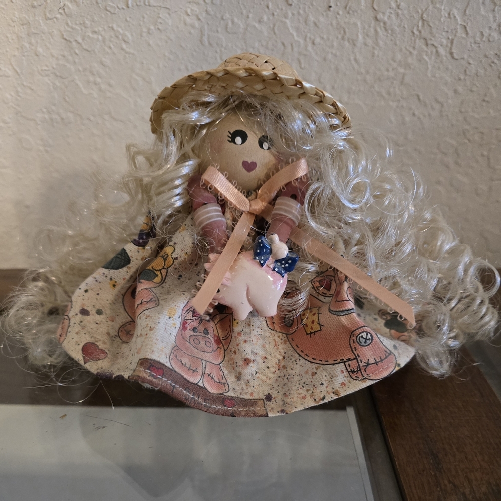 Hand Made Bobbin Farm Girl & Pig Figure